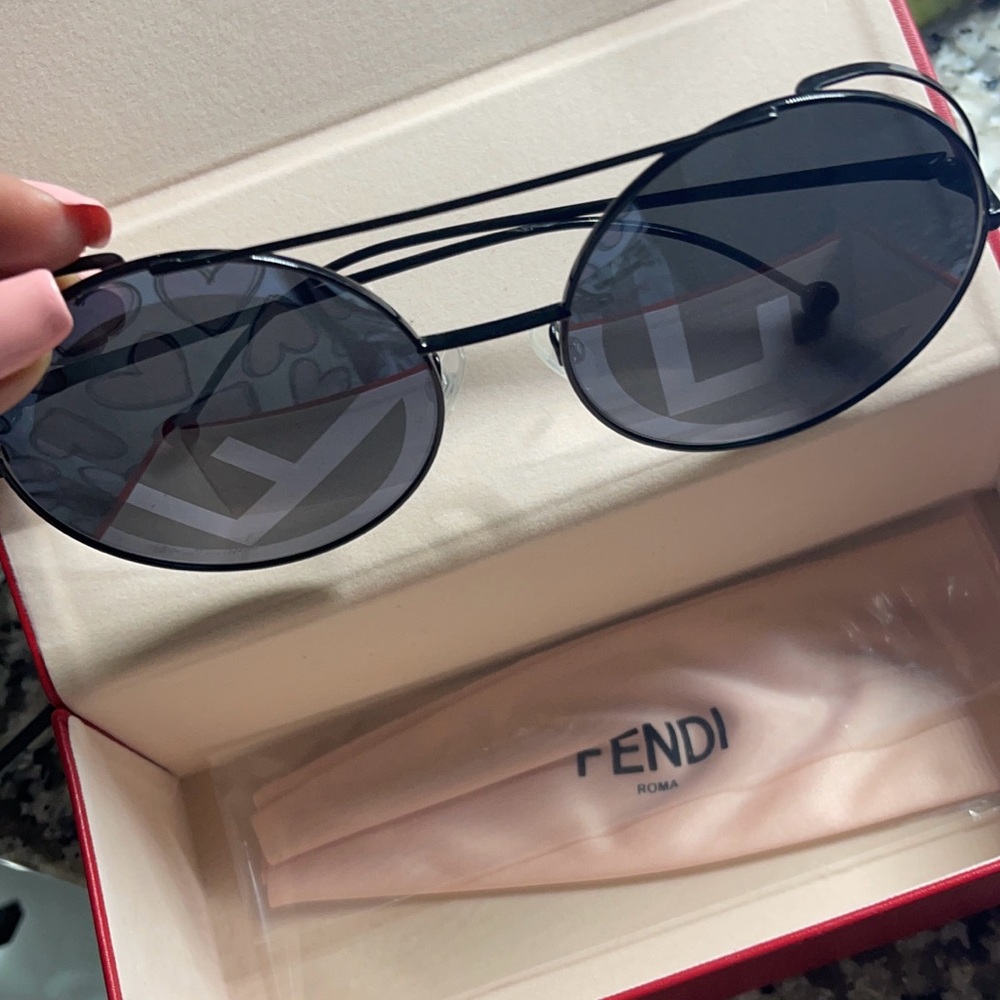 Round Fendi Monogram Black Sunglasses with Red Case